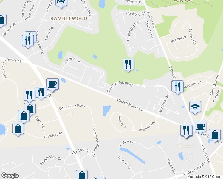 map of restaurants, bars, coffee shops, grocery stores, and more near 903 Cypress Point Circle in Mount Laurel Township