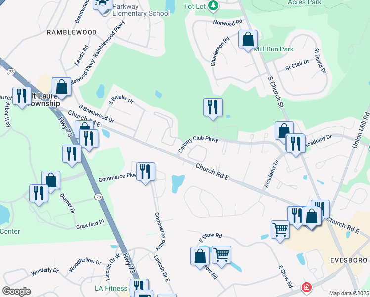 map of restaurants, bars, coffee shops, grocery stores, and more near 903 Cypress Point Circle in Mount Laurel Township