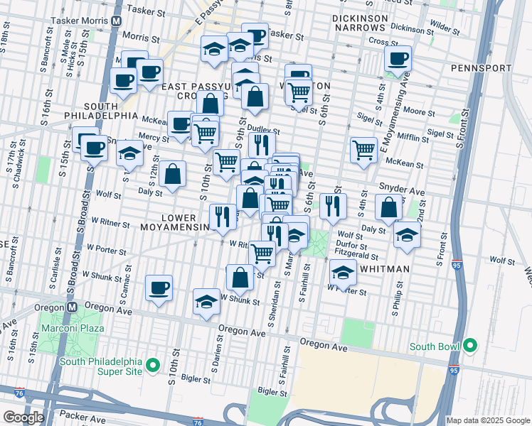 map of restaurants, bars, coffee shops, grocery stores, and more near 709 Daly Street in Philadelphia