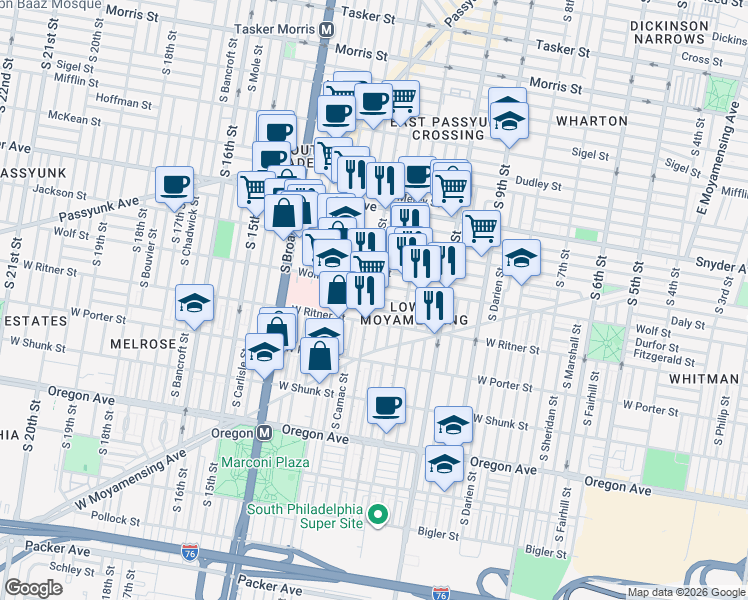 map of restaurants, bars, coffee shops, grocery stores, and more near 2313 South 12th Street in Philadelphia