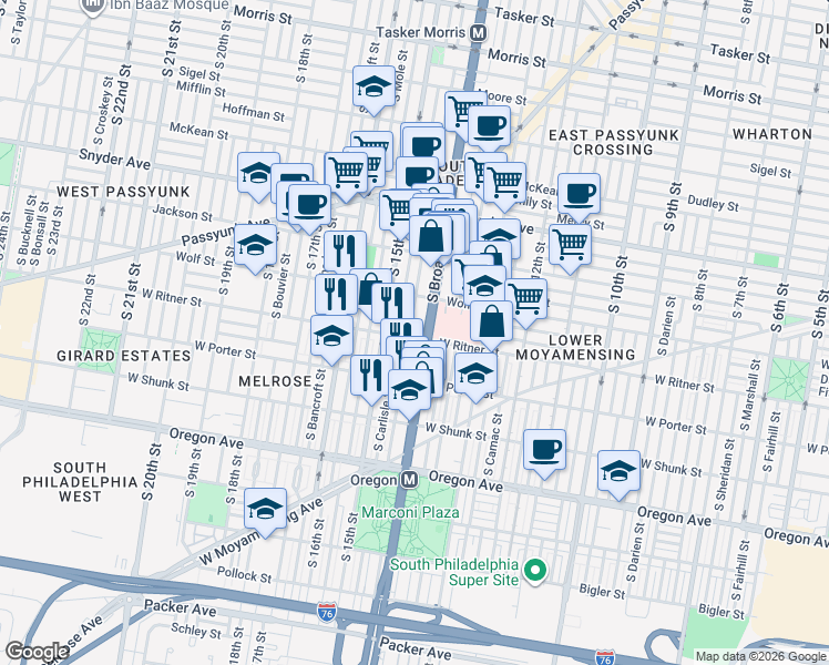 map of restaurants, bars, coffee shops, grocery stores, and more near in Philadelphia