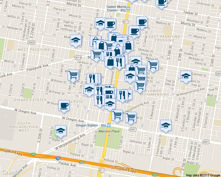 map of restaurants, bars, coffee shops, grocery stores, and more near in Philadelphia