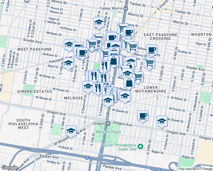 map of restaurants, bars, coffee shops, grocery stores, and more near in Philadelphia