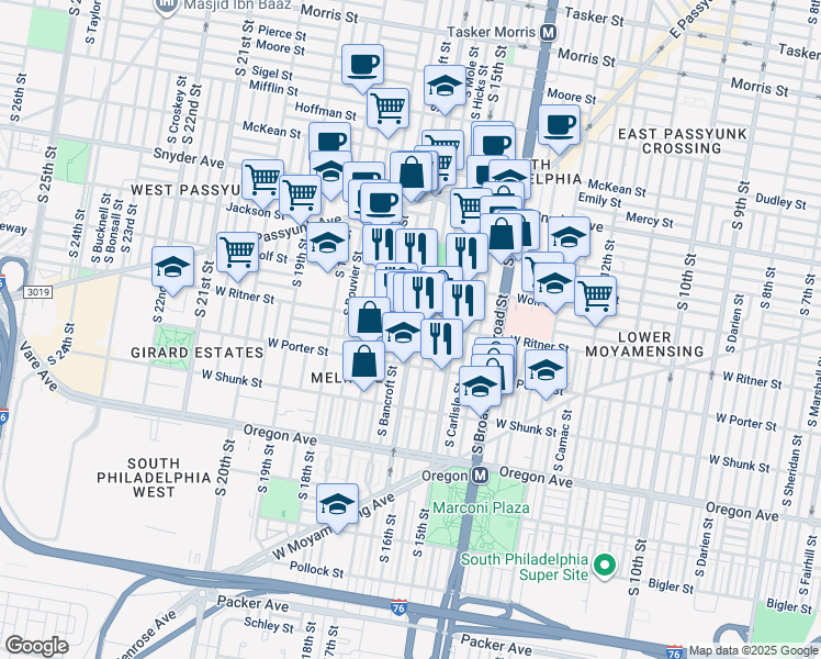 map of restaurants, bars, coffee shops, grocery stores, and more near 1602 West Ritner Street in Philadelphia