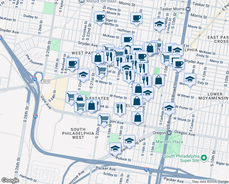 map of restaurants, bars, coffee shops, grocery stores, and more near 2434 South 19th Street in Philadelphia