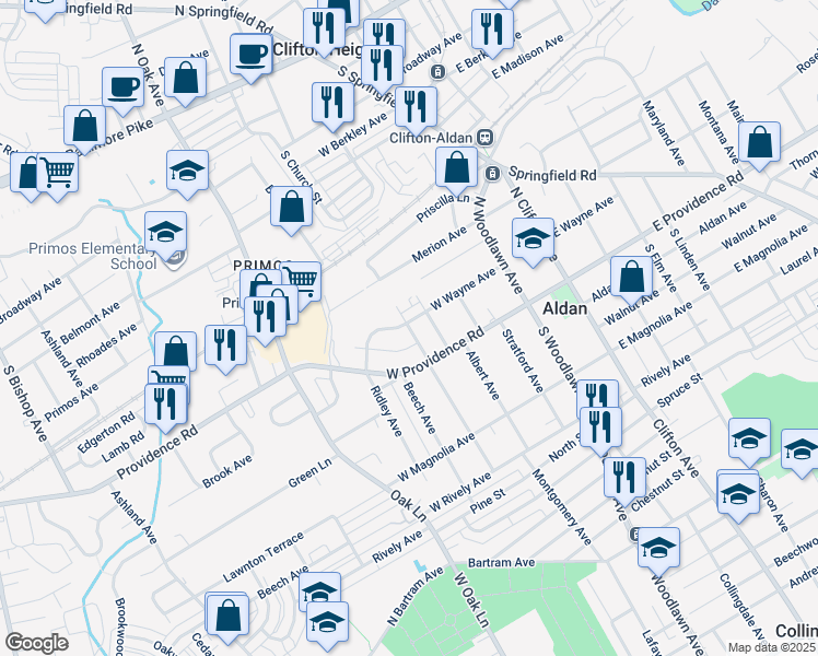 map of restaurants, bars, coffee shops, grocery stores, and more near 24 Bonsall Avenue in Aldan