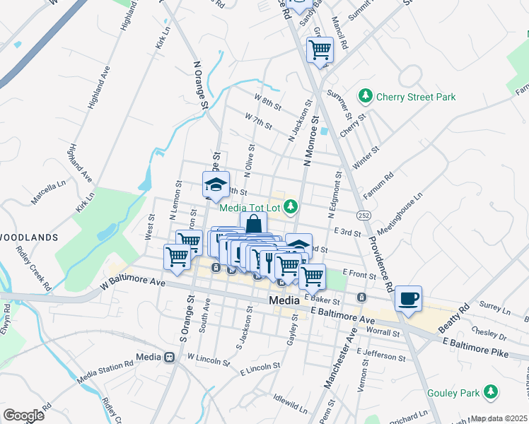 map of restaurants, bars, coffee shops, grocery stores, and more near 301 North Jackson Street in Media