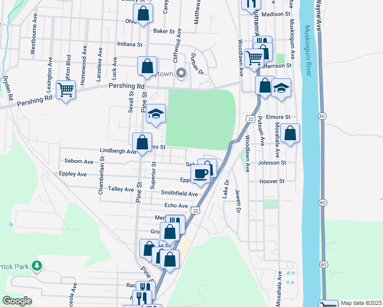 map of restaurants, bars, coffee shops, grocery stores, and more near 1108 Melick Avenue in Zanesville