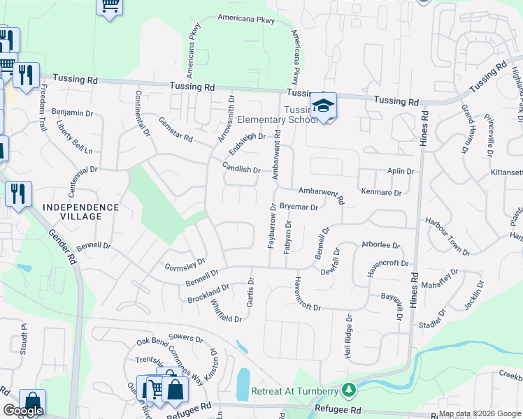 map of restaurants, bars, coffee shops, grocery stores, and more near 3071 Fayburrow Drive in Reynoldsburg