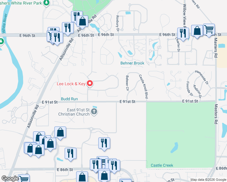 map of restaurants, bars, coffee shops, grocery stores, and more near 6115 Thrushwood Drive in Indianapolis