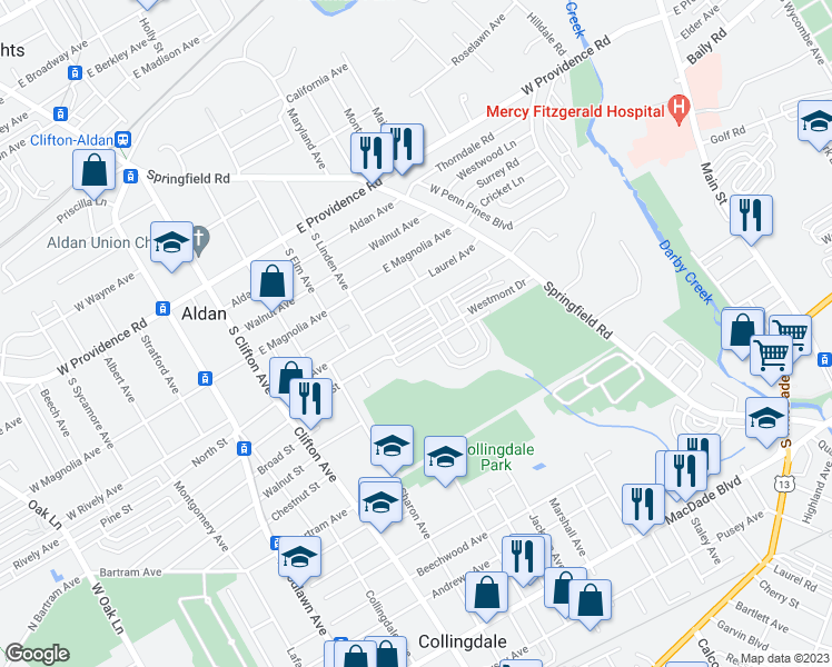 map of restaurants, bars, coffee shops, grocery stores, and more near 345 Westmont Drive in Collingdale