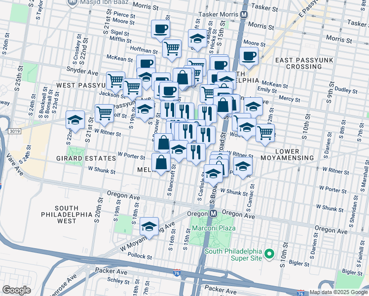 map of restaurants, bars, coffee shops, grocery stores, and more near 1540 West Ritner Street in Philadelphia