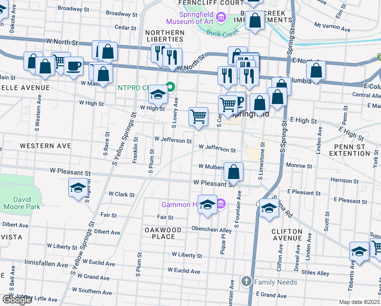 map of restaurants, bars, coffee shops, grocery stores, and more near Simon Kenton Trail in Springfield