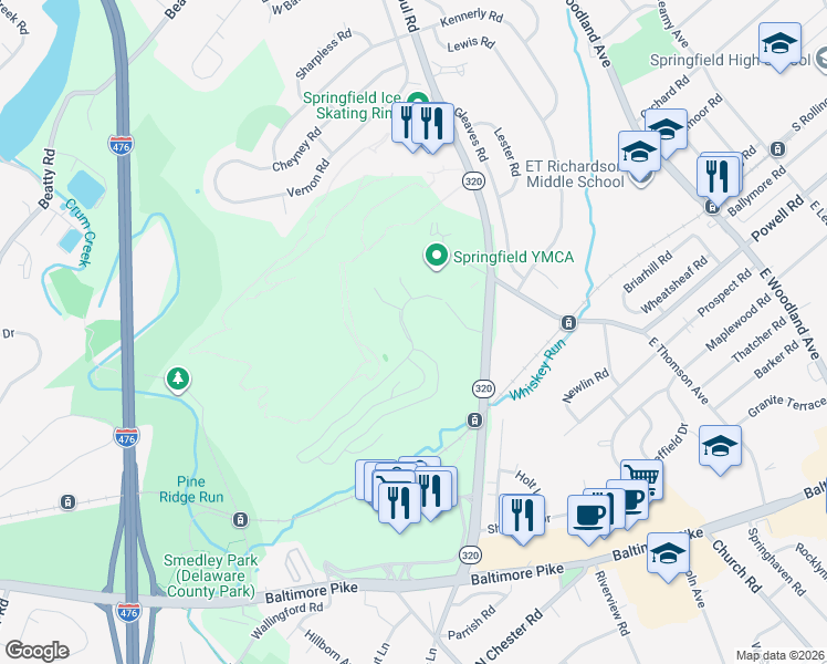 map of restaurants, bars, coffee shops, grocery stores, and more near 1291 Country Club Drive in Springfield