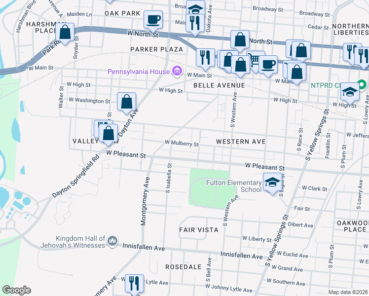 map of restaurants, bars, coffee shops, grocery stores, and more near 1227 W Mulberry St in Springfield