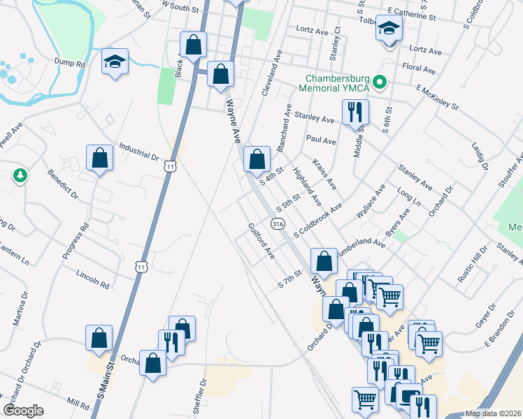 map of restaurants, bars, coffee shops, grocery stores, and more near 454 Wayne Avenue in Chambersburg