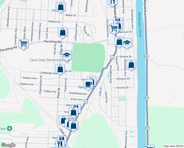 map of restaurants, bars, coffee shops, grocery stores, and more near 347 Spence Avenue in Zanesville