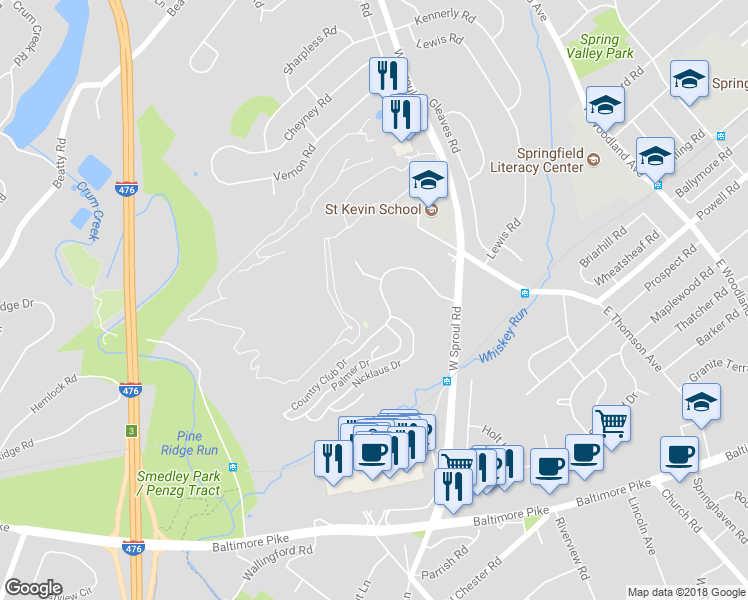 map of restaurants, bars, coffee shops, grocery stores, and more near 1270 Country Club Drive in Springfield