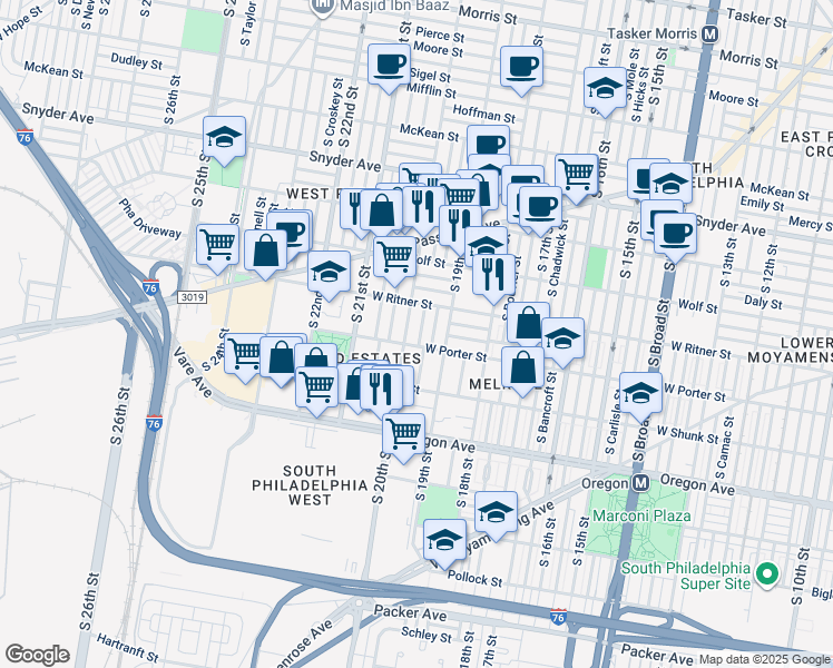 map of restaurants, bars, coffee shops, grocery stores, and more near 2442 South Opal Street in Philadelphia