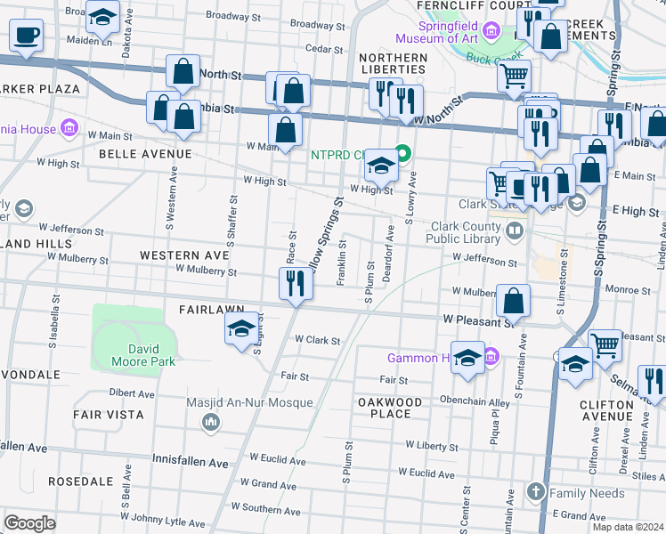 map of restaurants, bars, coffee shops, grocery stores, and more near 311 Franklin Street in Springfield