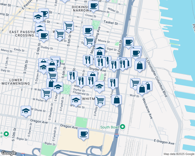 map of restaurants, bars, coffee shops, grocery stores, and more near 2145 South 3rd Street in Philadelphia
