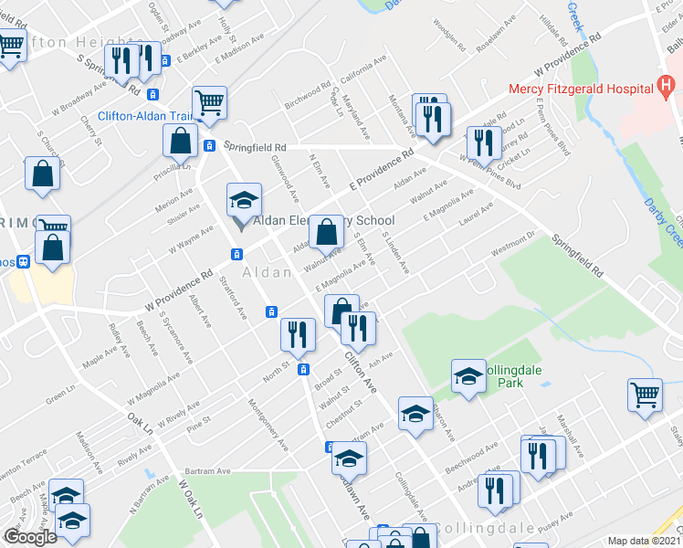 map of restaurants, bars, coffee shops, grocery stores, and more near 101 S Glenwood Ave in Aldan