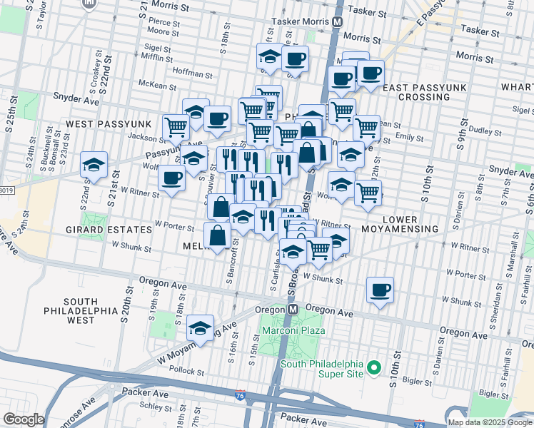 map of restaurants, bars, coffee shops, grocery stores, and more near West Ritner Street in Philadelphia