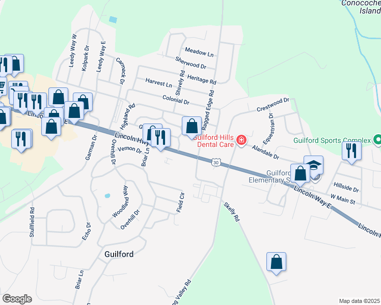 map of restaurants, bars, coffee shops, grocery stores, and more near 2005 Lincoln Way East in Guilford