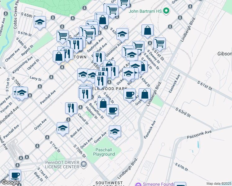 map of restaurants, bars, coffee shops, grocery stores, and more near 6513 Buist Avenue in Philadelphia