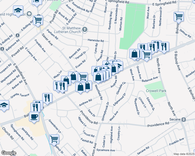 map of restaurants, bars, coffee shops, grocery stores, and more near 500-508 Baltimore Pike in Springfield