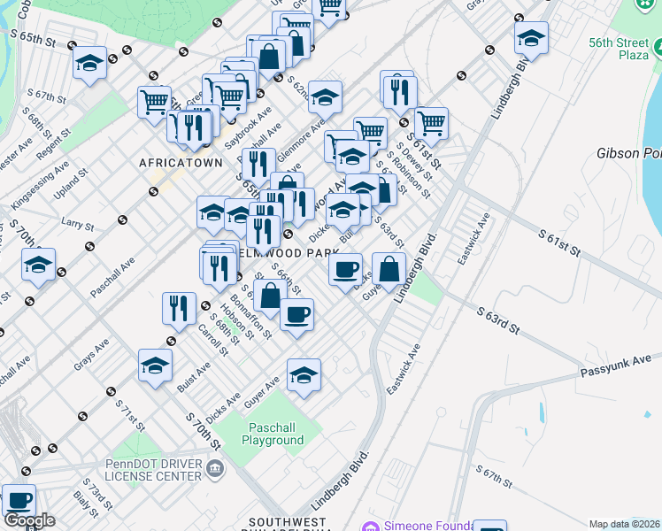 map of restaurants, bars, coffee shops, grocery stores, and more near 6441 Garman Street in Philadelphia