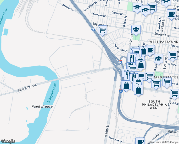 map of restaurants, bars, coffee shops, grocery stores, and more near Passyunk Avenue in Philadelphia