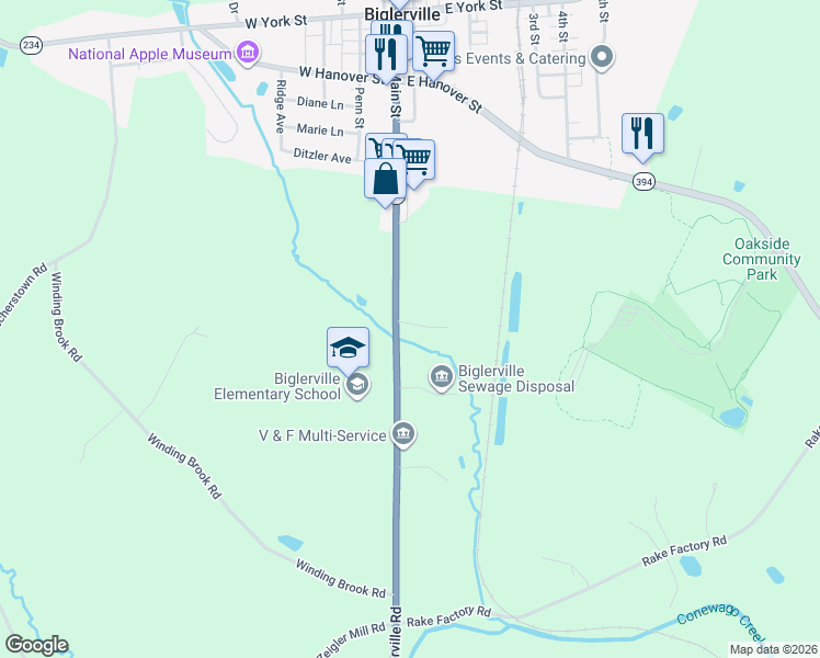 map of restaurants, bars, coffee shops, grocery stores, and more near 3315 Biglerville Road in Biglerville