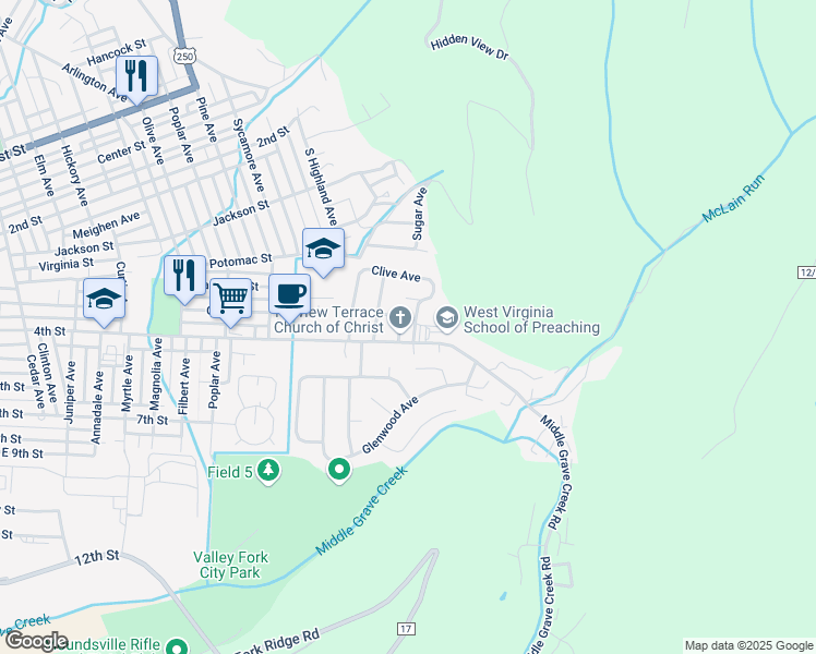 map of restaurants, bars, coffee shops, grocery stores, and more near 55 Dwight Avenue in Moundsville