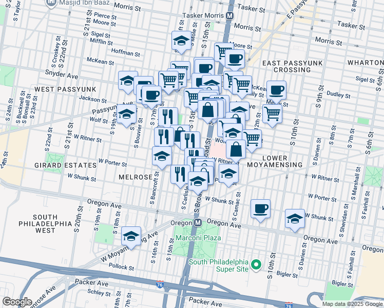 map of restaurants, bars, coffee shops, grocery stores, and more near 1439 West Ritner Street in Philadelphia