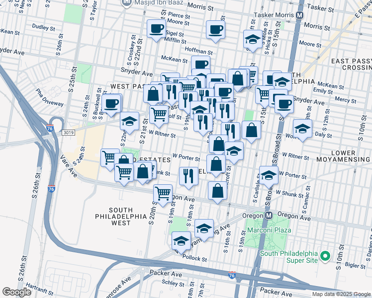 map of restaurants, bars, coffee shops, grocery stores, and more near 1847 Roseberry Street in Philadelphia