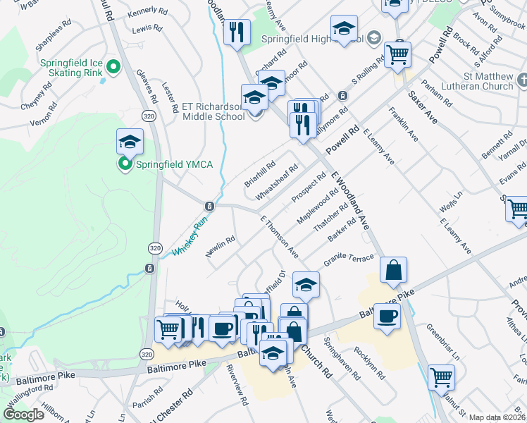 map of restaurants, bars, coffee shops, grocery stores, and more near 201 East Thomson Avenue in Springfield