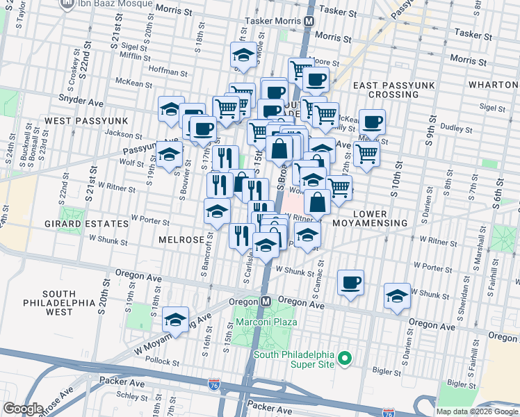 map of restaurants, bars, coffee shops, grocery stores, and more near in Philadelphia