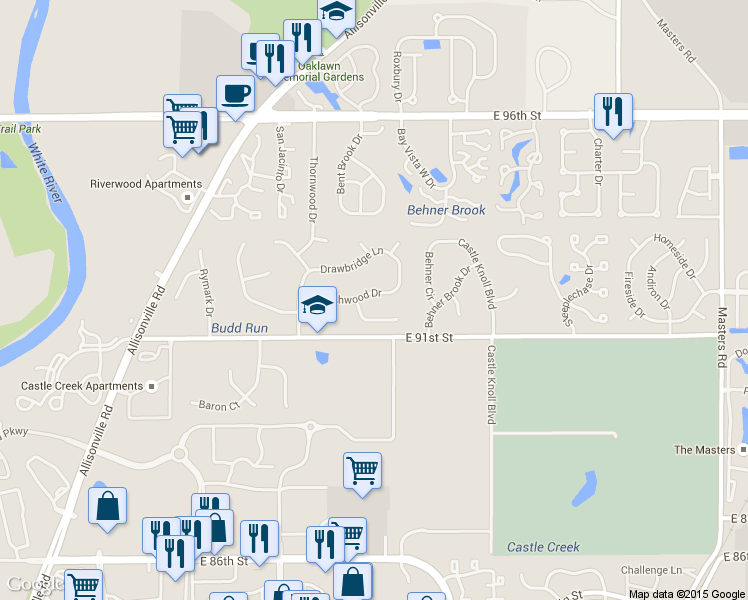 map of restaurants, bars, coffee shops, grocery stores, and more near 6115 Thrushwood Drive in Indianapolis