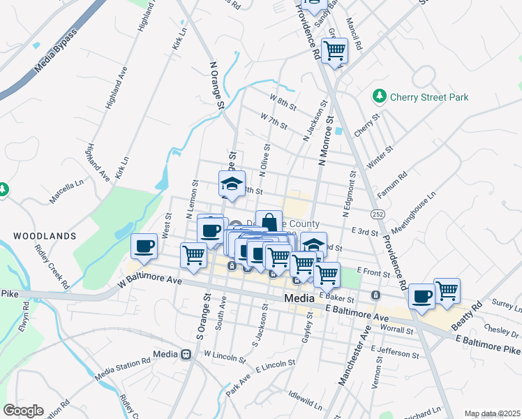 map of restaurants, bars, coffee shops, grocery stores, and more near 31 West 3rd Street in Media