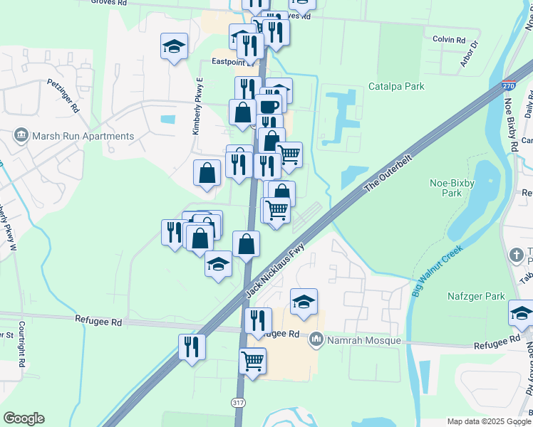 map of restaurants, bars, coffee shops, grocery stores, and more near 2810 South Hamilton Road in Columbus