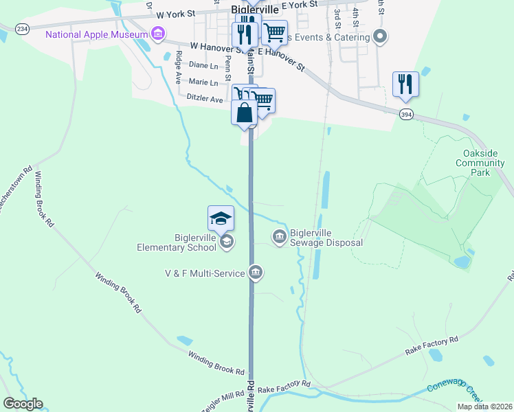 map of restaurants, bars, coffee shops, grocery stores, and more near 3315 Biglerville Road in Biglerville
