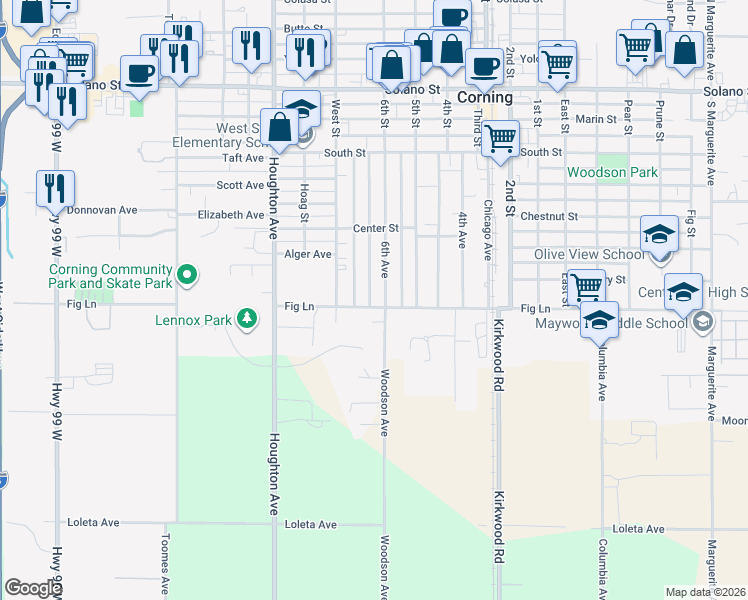 map of restaurants, bars, coffee shops, grocery stores, and more near 1410 Fig Lane in Corning