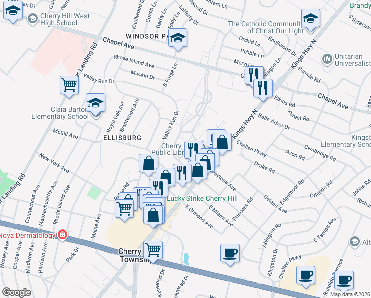 map of restaurants, bars, coffee shops, grocery stores, and more near 76 Windsor Mews in Cherry Hill