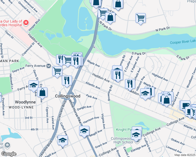 map of restaurants, bars, coffee shops, grocery stores, and more near 210 Haddon Avenue in Collingswood