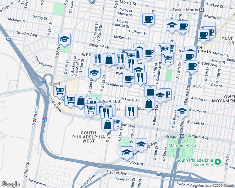 map of restaurants, bars, coffee shops, grocery stores, and more near 2439 South 20th Street in Philadelphia