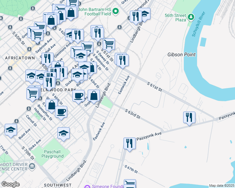 map of restaurants, bars, coffee shops, grocery stores, and more near 6245 Eastwick Avenue in Philadelphia