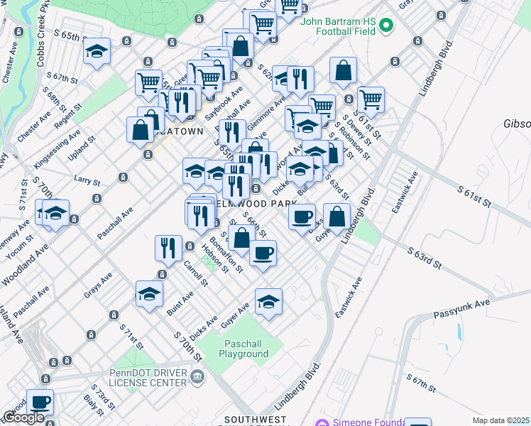 map of restaurants, bars, coffee shops, grocery stores, and more near 6520 Theodore Street in Philadelphia