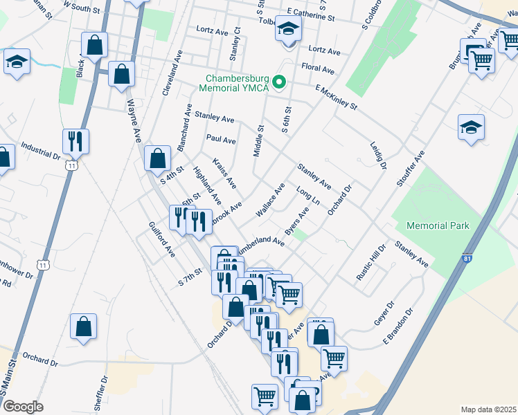 map of restaurants, bars, coffee shops, grocery stores, and more near 1009 Wallace Avenue in Chambersburg