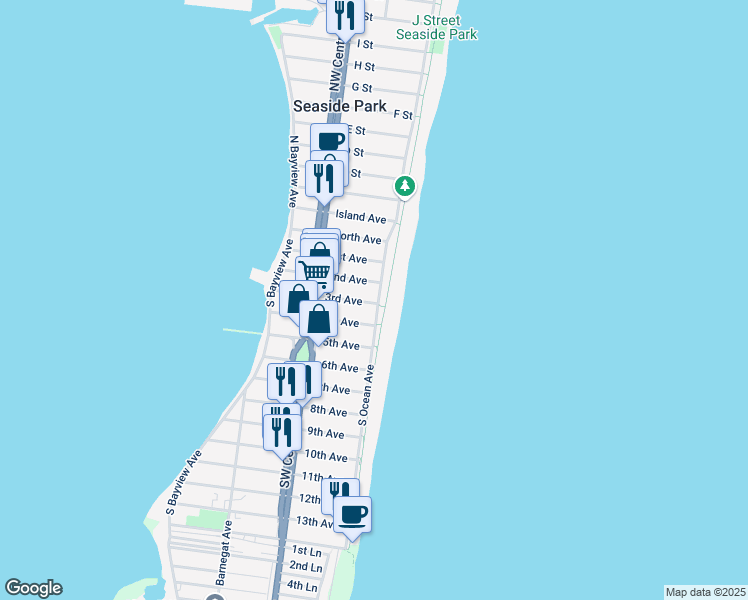 map of restaurants, bars, coffee shops, grocery stores, and more near 8 3rd Avenue in Seaside Park